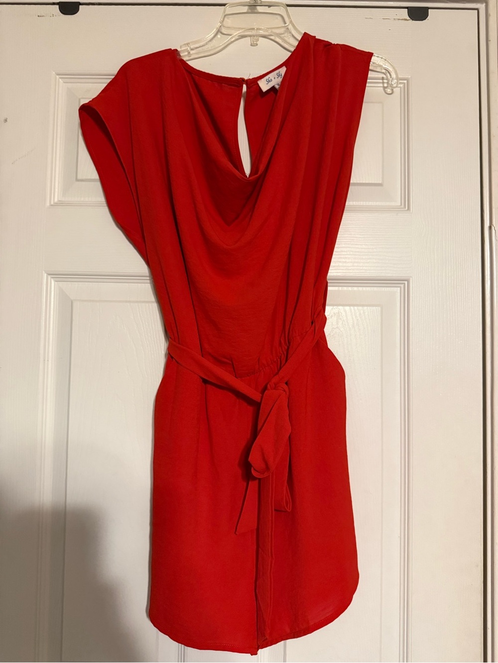 She + Sky Red Cowl Neck Belted Romper